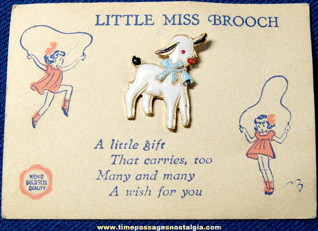 Old Carded Childrens Enameled Lamb Broach Pin