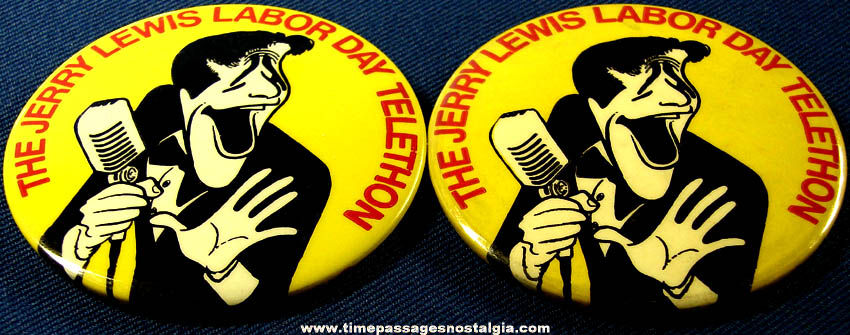 (2) Large Old Jerry Lewis Muscular Dystrophy Labor Day Telethon Advertising Pin Back Buttons