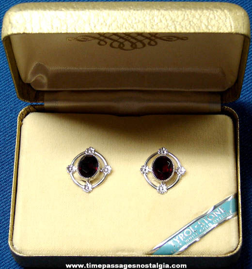 Old Unused Boxed AMCO Gold Overlay Costume Jewelry Earring Set With Red Stones