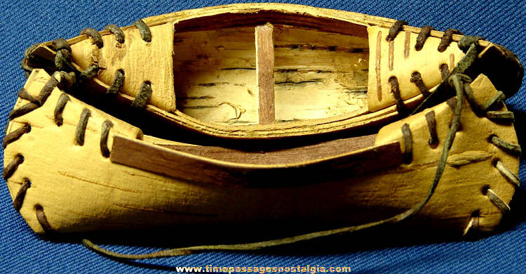 (2) Old Miniature Birch Bark Wood & Leather Canoes
