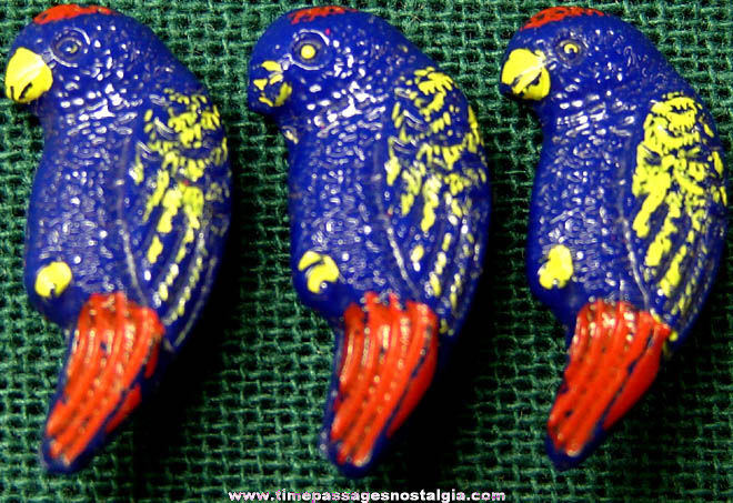 (3) Old Painted Blue Glass Parrot Bird Clothing Buttons