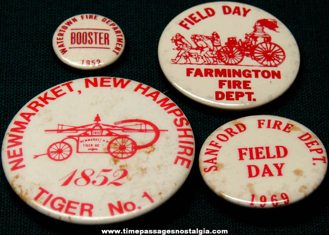 (4) Different Old New England Fire Department Advertising Pin Back Buttons