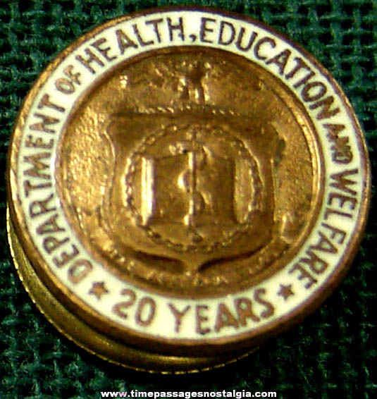 Old Enameled Department of Health Education and Welfare 20 Year Employee Screw Back Button