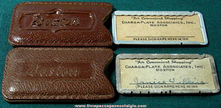 (2) Old Boston Massachusetts Metal Credit Charge Plates With Leather Cases