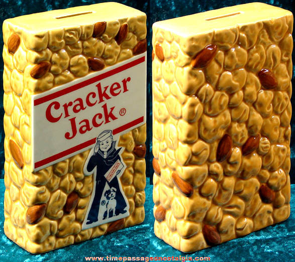 Old Ceramic Cracker Jack Advertising Coin Savings Bank