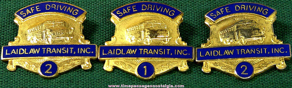 (3) Old Enameled Laidlaw Bus Driver Safe Driving Award Badges