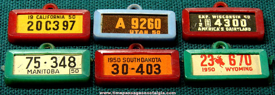 (6) Different 1950 Gum Ball Machine Prize Miniature License Plate Charms