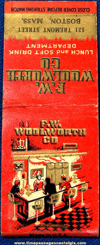 Old F. W. Woolworth Company Lunch Counter Advertising Match Book Cover