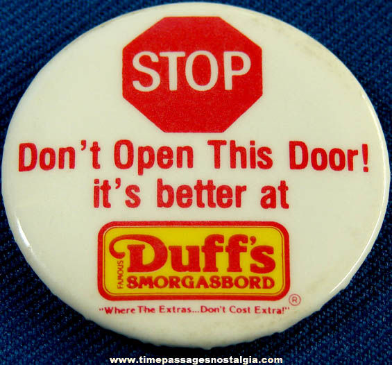 Old Duff’s Smorgasbord Restaurant Advertising Premium Magnet Button