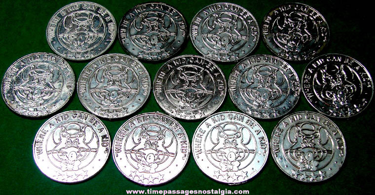 (13) Large Silver Plastic Chuck E. Cheese Arcade Pizza Restaurant Advertising Token Coins