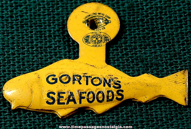 Old Unused Die Cut, Embossed, & Imprinted Gortons Seafood Advertising Tin Tab Button