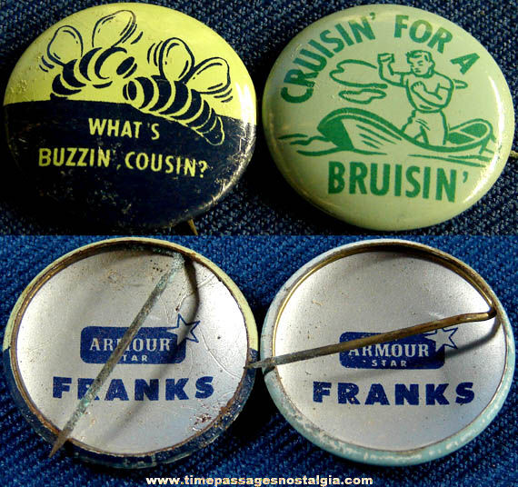 (2) Different Old Armour Star Franks Advertising Premium Pin Back Buttons