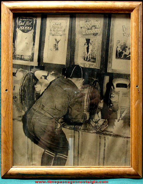 Old Framed Picture of Boy in Penny Arcade With Mutoscope Clamshell Risque Peep Shows
