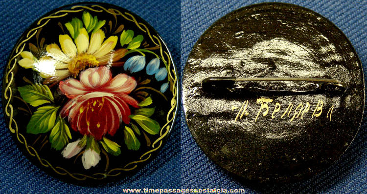 Colorful Old Hand Painted, Lacquered, & Signed Floral Jewelry Pin