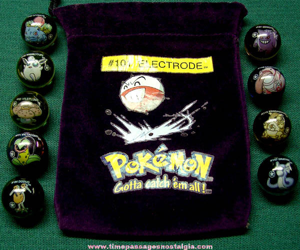 (9) Different Pokemon Character Glass Game Marbles With Marble Bag