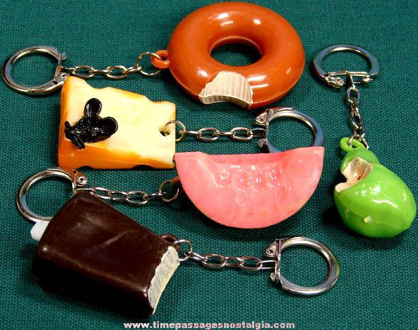 (5) Different Old Unused Gum Ball Machine Prize Food Key Chains