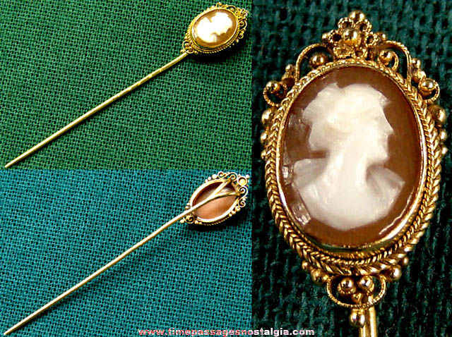 Antique Gold Jewelry Stick Pin With Victorian Lady Bust Cameo