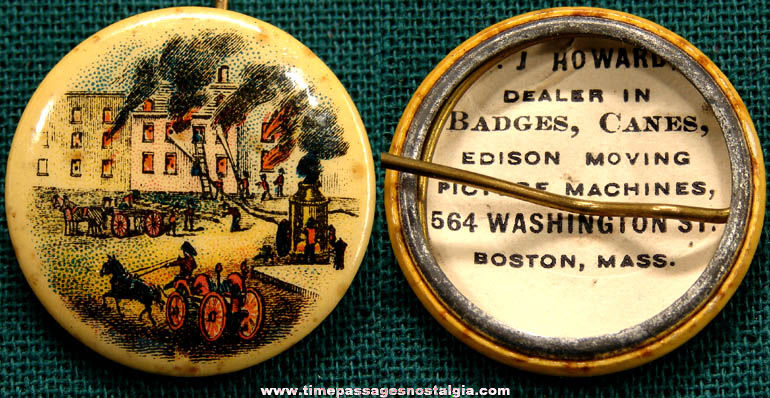 Early Celluloid Fire & Fireman Pin Back Button With Advertising