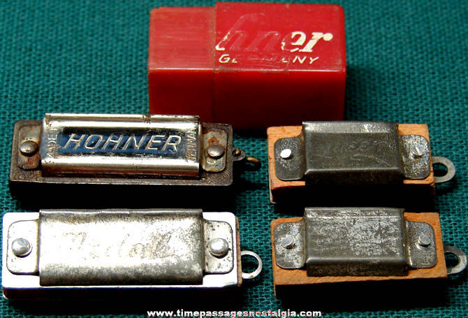 (4) Different Old Tin & Wood Miniature Toy Harmonica Charms