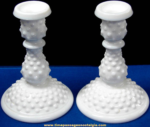 Old Matching Pair of Fenton Hobnail Milk Glass Candle Holders