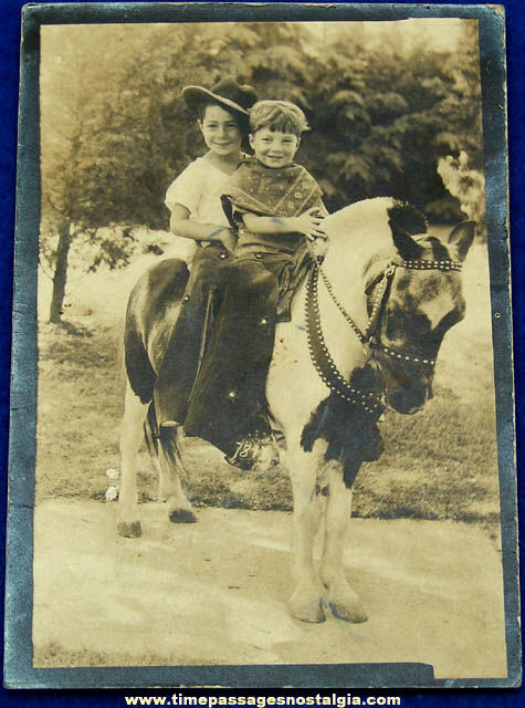 Cute Old Children on a Pony Black & White Photograph