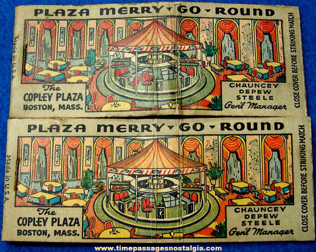 (2) Colorful Old Copley Plaza Merry Go Round Bar Advertising Match Book Covers