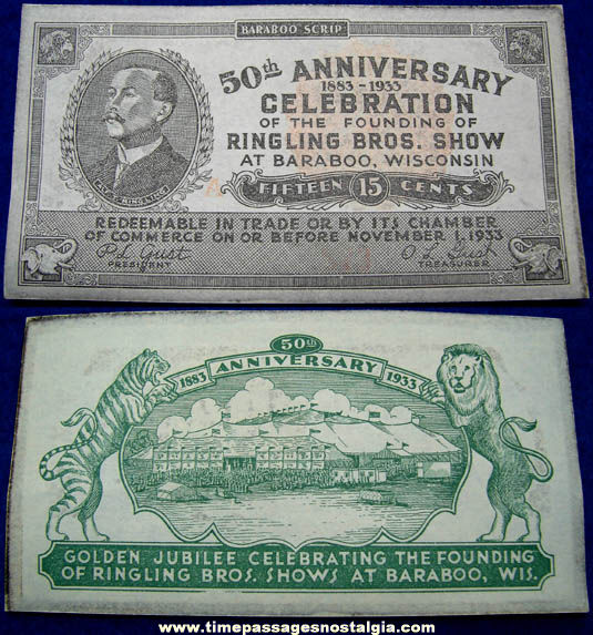 1933 Ringling Brothers Circus 50th Anniversary Baraboo Script Note