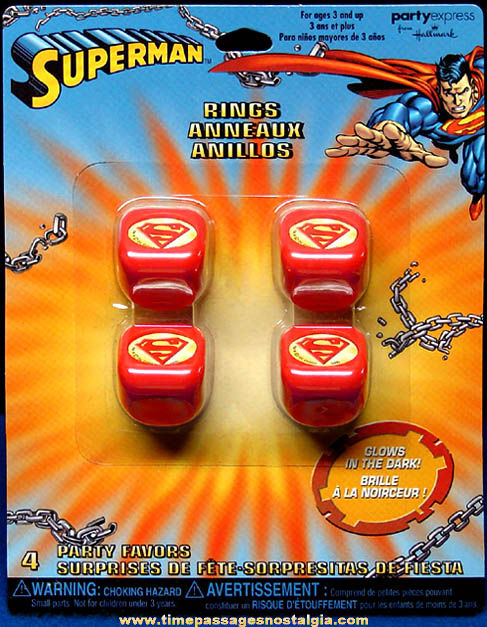 (4) Unopened Hallmark Superman Character Glow In The Dark Toy Rings