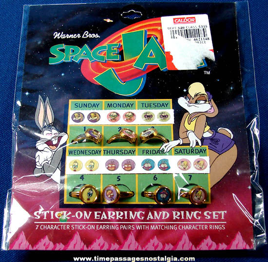 Unopened 1996 Warner Brothers Space Jam Cartoon Character Toy Rings & Earrings Set