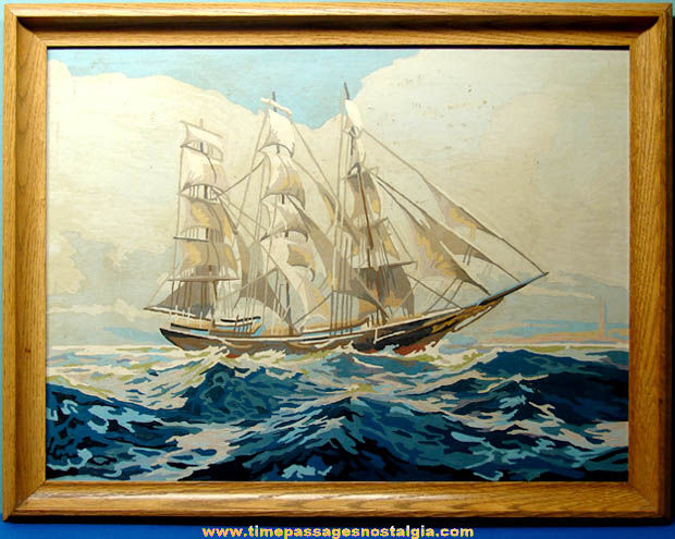 Large Old Framed Paint By Numbers Sailing Ship Painting