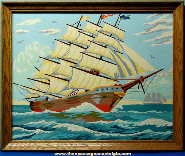 Large Old Framed Paint By Numbers Sailing Ship Painting