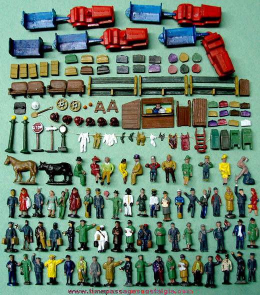 (160) Old Painted Miniature Lead Train Station Play Set Figures & Objects