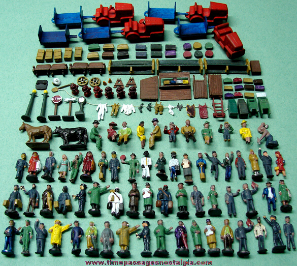 (160) Old Painted Miniature Lead Train Station Play Set Figures & Objects