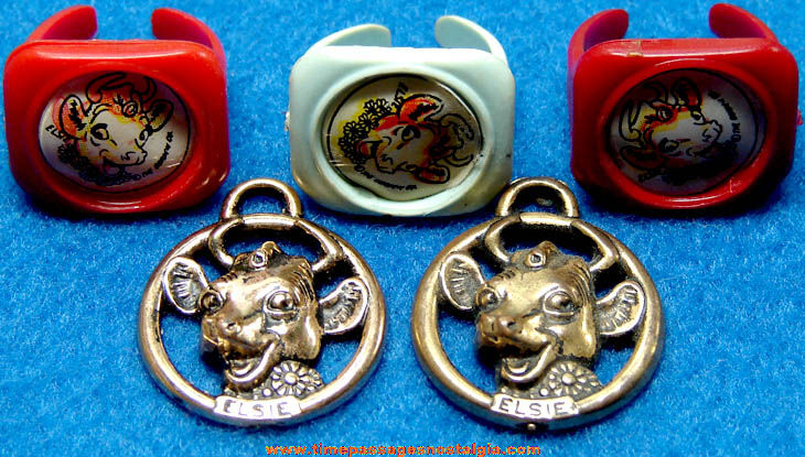 (5) Old Borden Elsie The Cow Advertising Premium Toy Rings & Charms