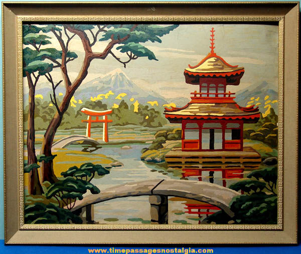 Large Old Framed Paint By Numbers Japan Scene Painting