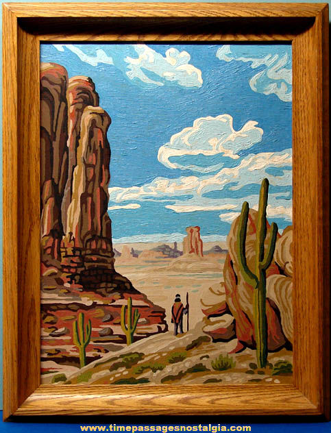Large Old Framed Paint By Numbers American Desert Scene Painting