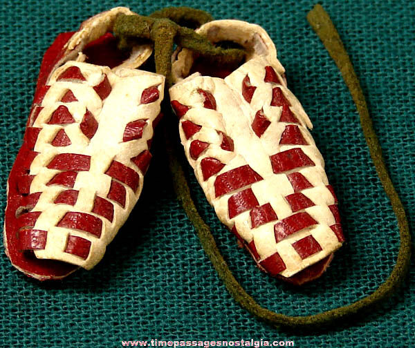 Old Miniature Pair of Woven Leather Doll Shoes