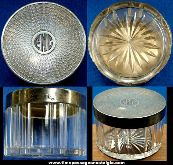 Old Art Deco Monogramed Glass & Silver Make Up Jar