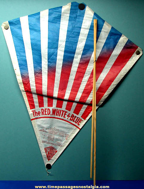 Colorful Old Unused Red White & Blue Paper & Wood Top Flite Kite