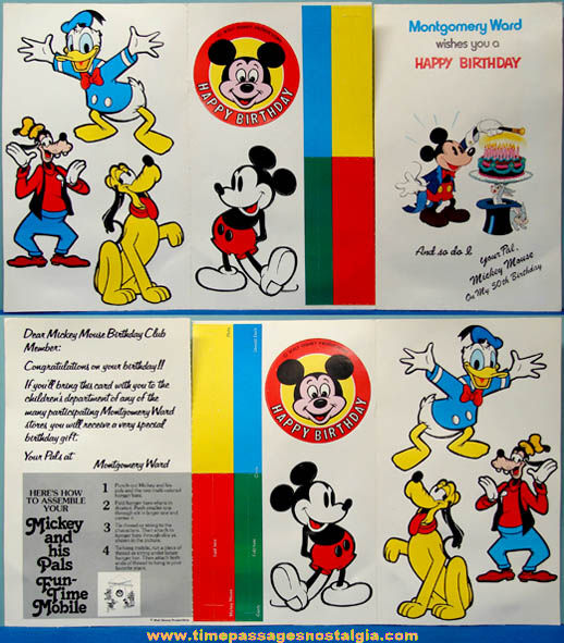 Unused 1978 Montgomery Ward Mickey Mouse Birthday Club Card With Punch Out Mobile