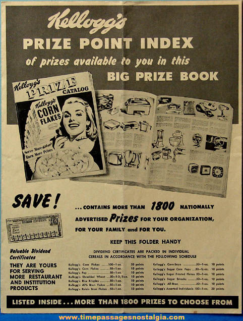 Old Kellogg’s Cereal Catalog Prize Point Index Advertisement