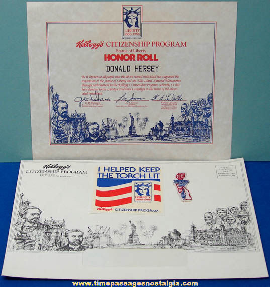 (4) 1982 Kellogg’s Cereal Statue of Liberty Citizenship Honor Roll Premium Items