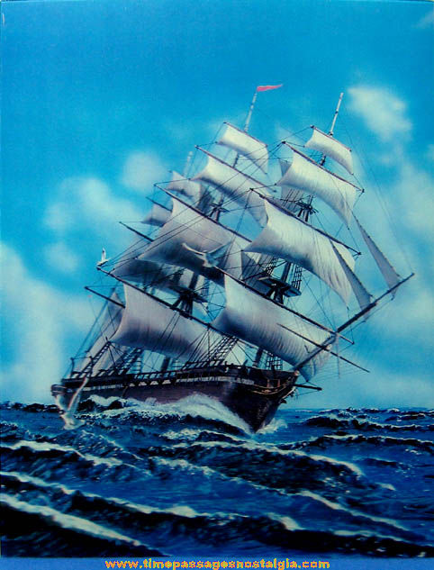Large Old Lenticular 3-D Sailing Ship At Sea Picture