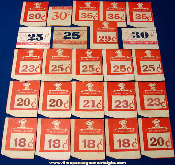 (24) Old Sunshine Biscuit Advertising Store Display Price Cards