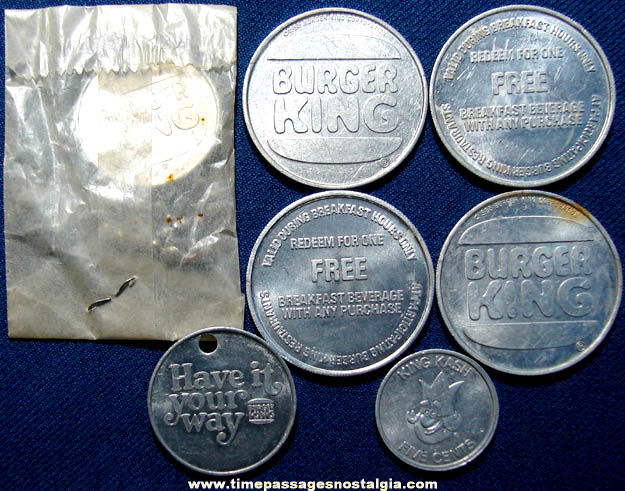 (7) Old Burger King Restaurant Advertising Premium Token Coins & Key Chains