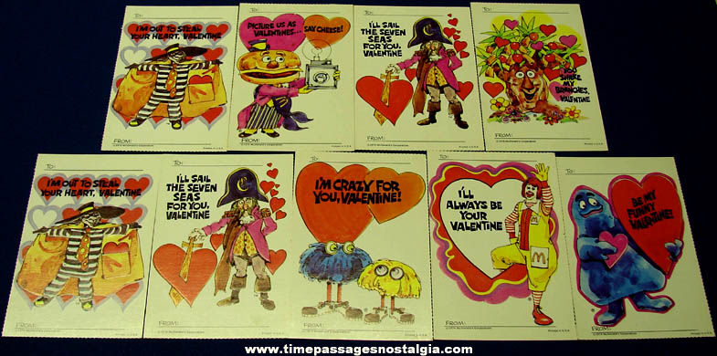 (9) Unused 1974 McDonalds Advertising Character Embossed Valentine Cards