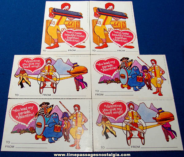 (6) Unused 1975 McDonalds Advertising Character Valentine Cards