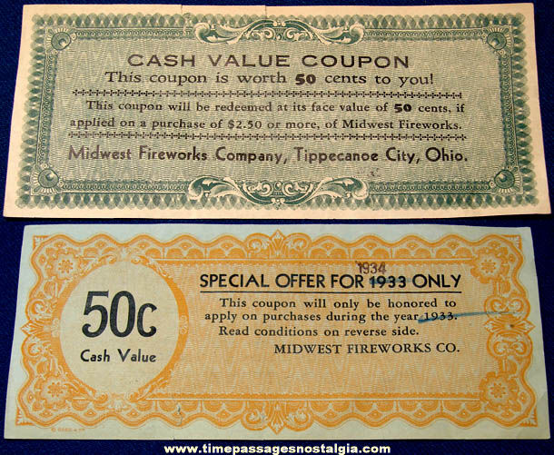 1933 - 1934 Midwest Fireworks Company Advertising Coupon