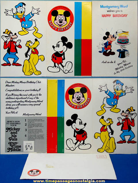 Unused 1978 Montgomery Ward Mickey Mouse Birthday Club Card With Punch Out Mobile