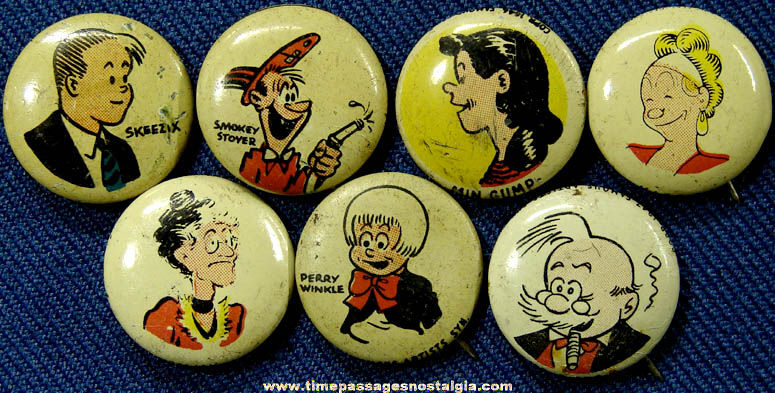 (7) 1940s Kellogg’s PEP Cereal Prize Comic Character Pin Back Buttons